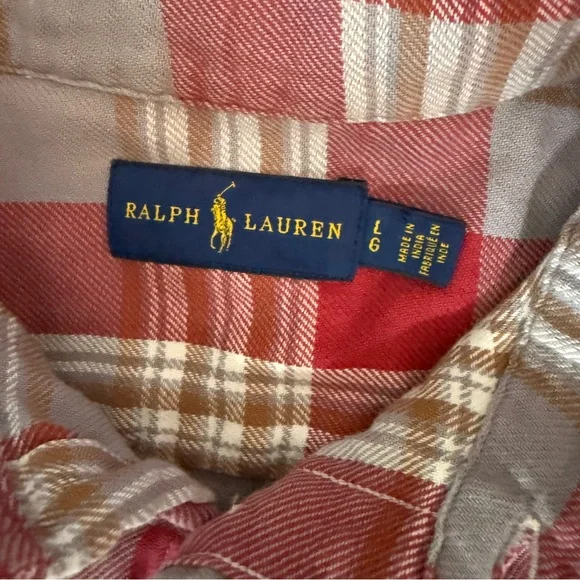 Ralph Lauren Plaid Button Down Shirt / Men’s Large / Red, White & Tan. Cotton. - Picture 4 of 6